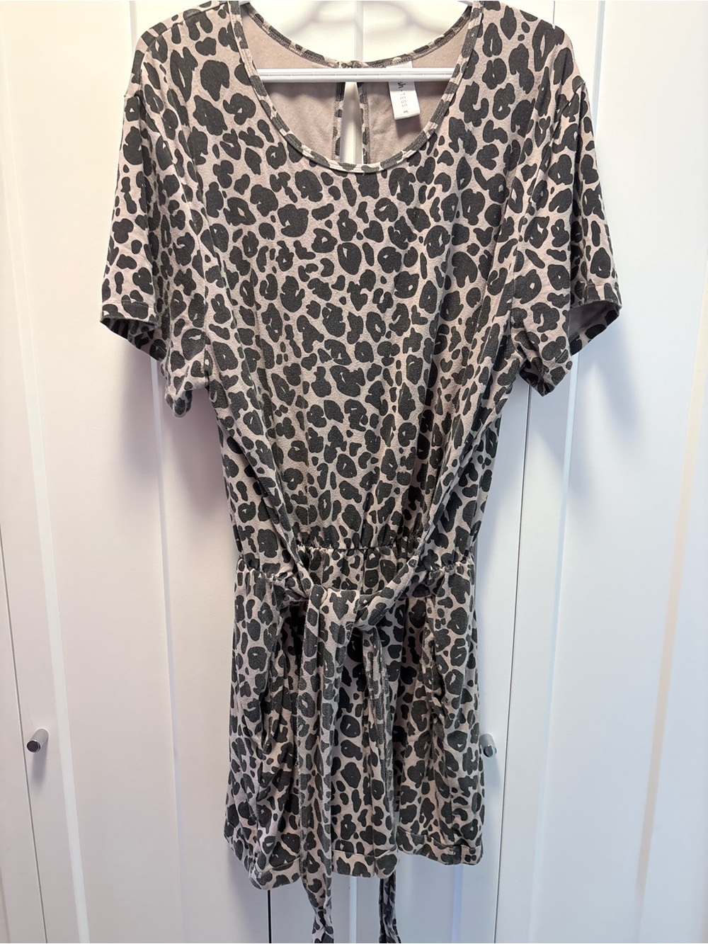 Leopard Print Short Sleeve Tie-Waist romper shorts in Taupe and Black
